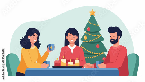 Cozy winter gathering with loved ones, hot drinks, and festive decorations