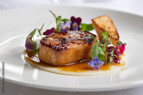 Wallpaper Mural Elegant fine dining plate featuring beautifully arranged gourmet food and vibrant edible flowers in macro photography Torontodigital.ca