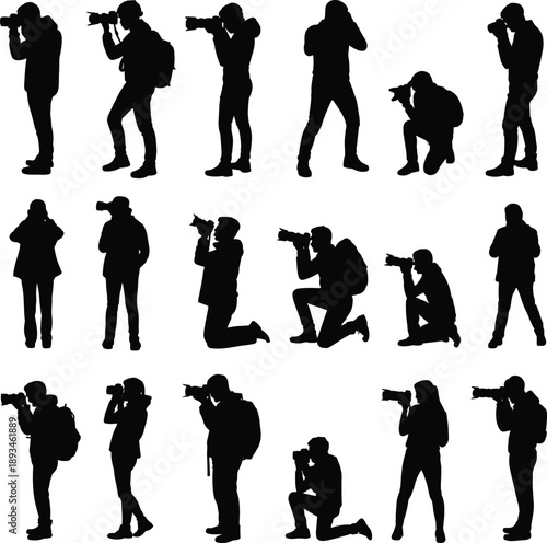 Photographer silhouette collection showing standing and kneeling poses, professional camera operators shooting photos, black human figures isolated on white