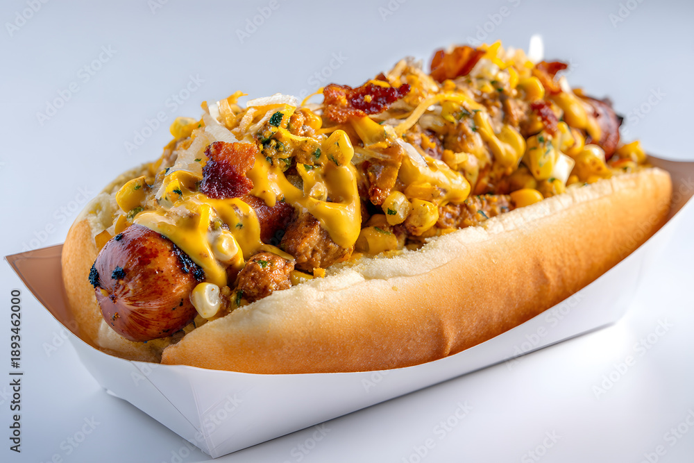Fototapeta premium Detailed Studio Shot of a Delicious Toronto Street Meat Hot Dog with Cheddar and Toppings