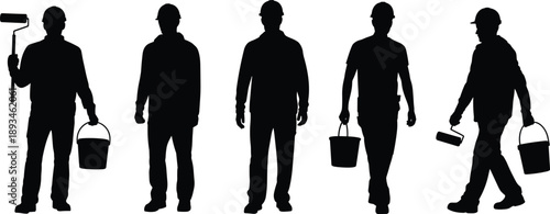 Construction painter worker silhouettes set with paint roller and buckets isolated on white background professional renovation service vector illustration