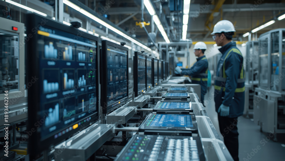 Fototapeta premium Smart factory assembly line with multiple industrial monitors and workers monitoring production