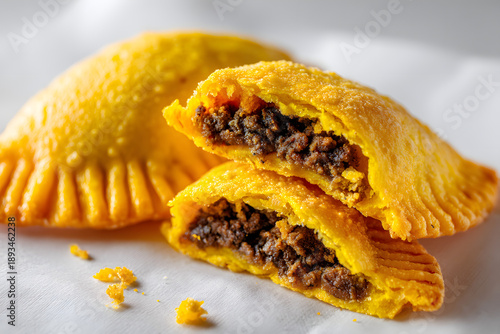 Wallpaper Mural Close Up Studio Shot of Jamaican Beef Patty with Golden Crust and Delicious Filling Torontodigital.ca