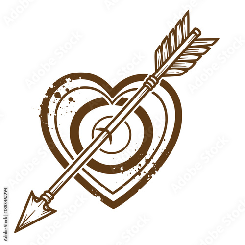 Vintage Grunge texture Brown heart shaped target with bullseye hit by arrow in a vintage style