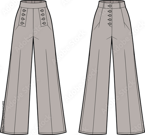 High waist wide leg trousers, cad drawing, flat vector illustration, technical fashion pants front back view garment template production