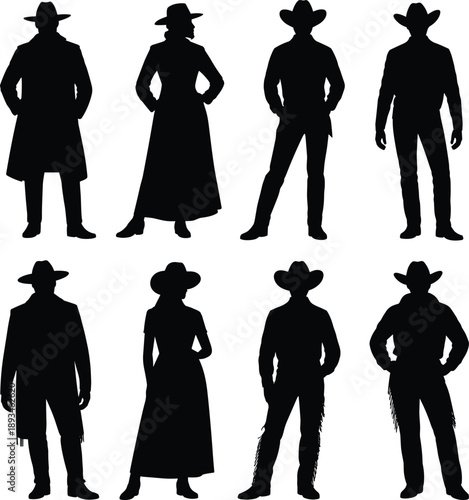 Western cowboy and cowgirl silhouettes set, vintage ranch characters, wild west fashion, isolated black figures, frontier lifestyle illustration, collection, design