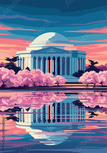 Vector illustration of the Jefferson Memorial with cherry blossoms and reflection at sunset