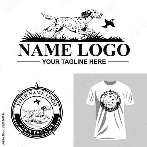 English setter dog logo. hunting logo design with English setter dog. Hunting club logo design