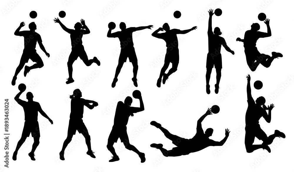 Obraz premium Volleyball Players Silhouette Set in Dynamic Action Poses Sporting Athletes Vector Illustration