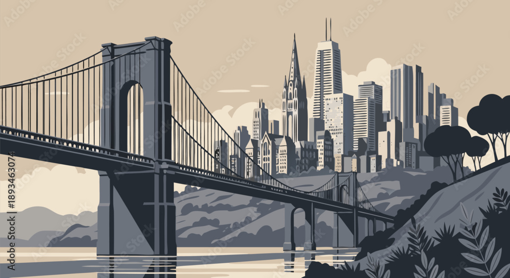 Obraz premium San Francisco Cityscape Vector Illustration with Golden Gate Bridge and Skyline