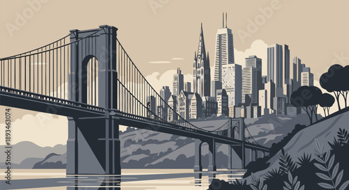San Francisco Cityscape Vector Illustration with Golden Gate Bridge and Skyline