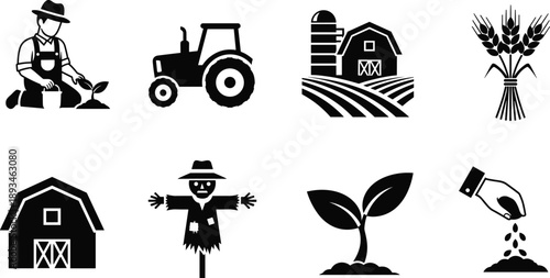 Farming and agriculture icon silhouette set, farmer tractor barn wheat seed planting harvest symbols, rural countryside black vector illustration pack