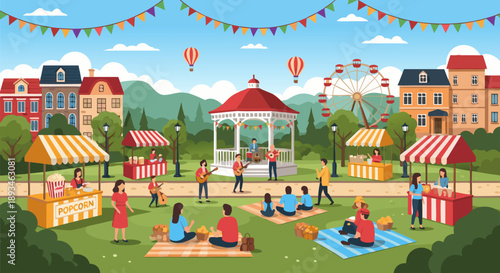 Vibrant vector illustration of a lively summer festival in a park with families, food stalls, and entertainment