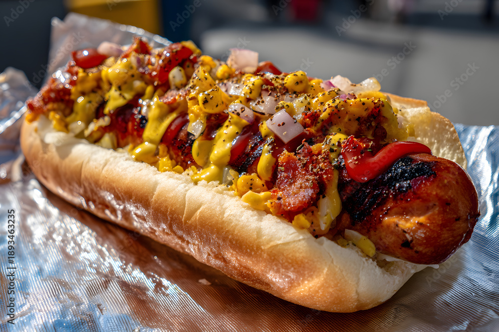 Fototapeta premium Close-Up Glorious Shot of a Delicious Hot Dog on Toronto's Street Food Scene