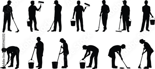 Flat vector illustration of cleaning and painting workers with tools, rollers, and buckets, silhouettes of people performing manual labor.