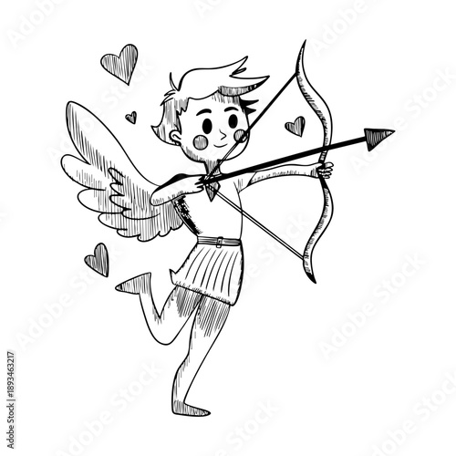Vector hand drawn sketch of boy cupid with bow and arrow, drawn in ink on white background