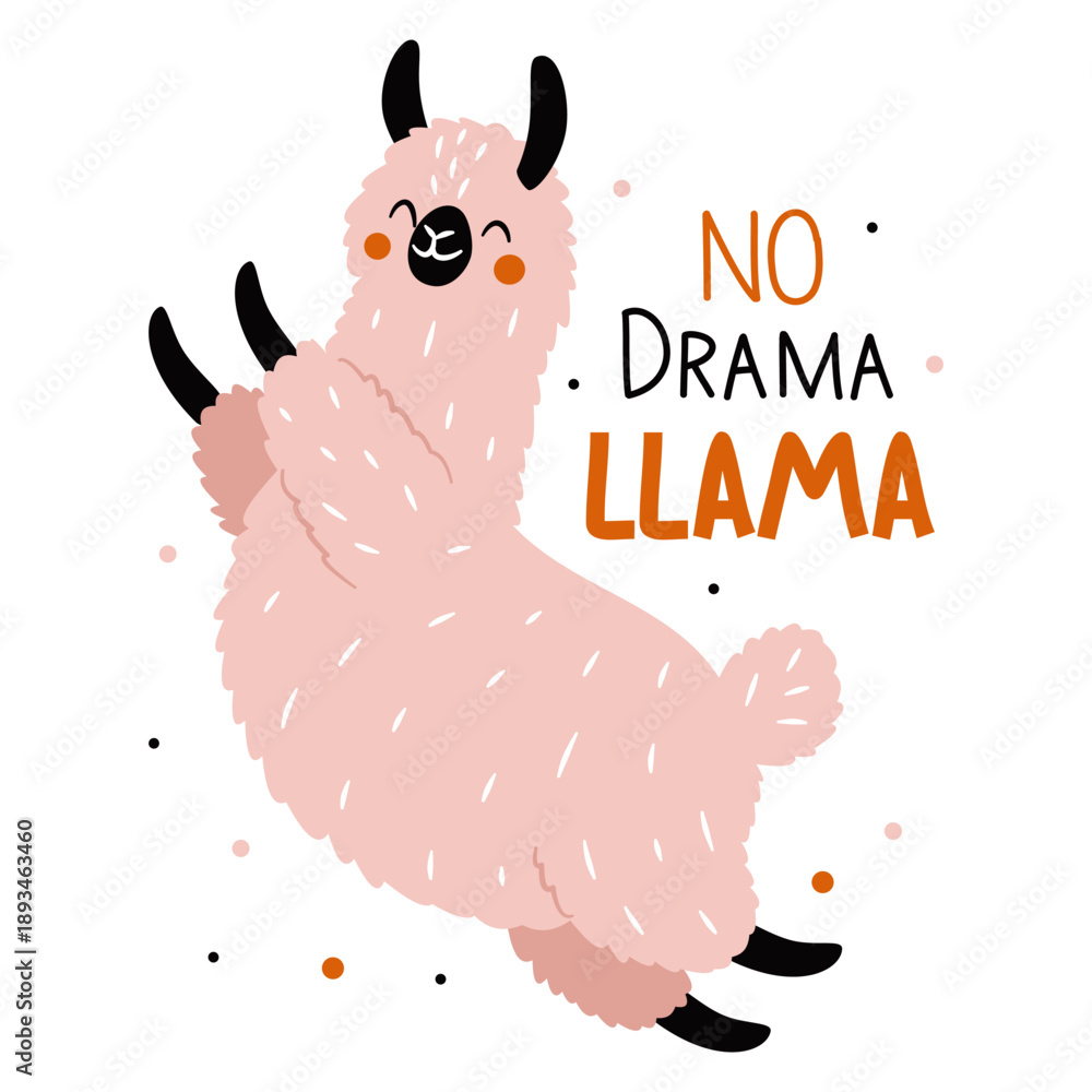 Fototapeta premium Flat vector illustration in a simple children's style. A cute pink llama is jumping happily, lettering. Vector illustration