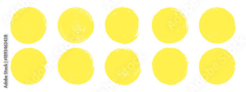 Grunge yellow sun circles set. Brush round stamp collection. Hand drawn crayon abstract elements.