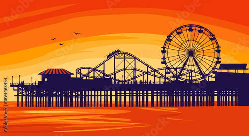 Vibrant Vector Illustration of a Classic Amusement Pier at Sunset with Ferris Wheel and Roller Coaster