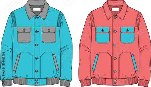 Men casual jacket front view illustration, modern bomber shirt jacket design in blue and red colors, fashion apparel vector template