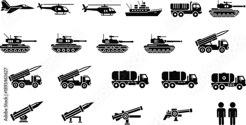 Military vehicle silhouette icon set, tanks missiles trucks aircraft ships artillery weapons collection, army defense transport symbols, black vector illustration
