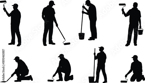 Black painter silhouette collection showing professional house painters using rollers buckets and tools in standing kneeling working poses vector illustration isolated on white background