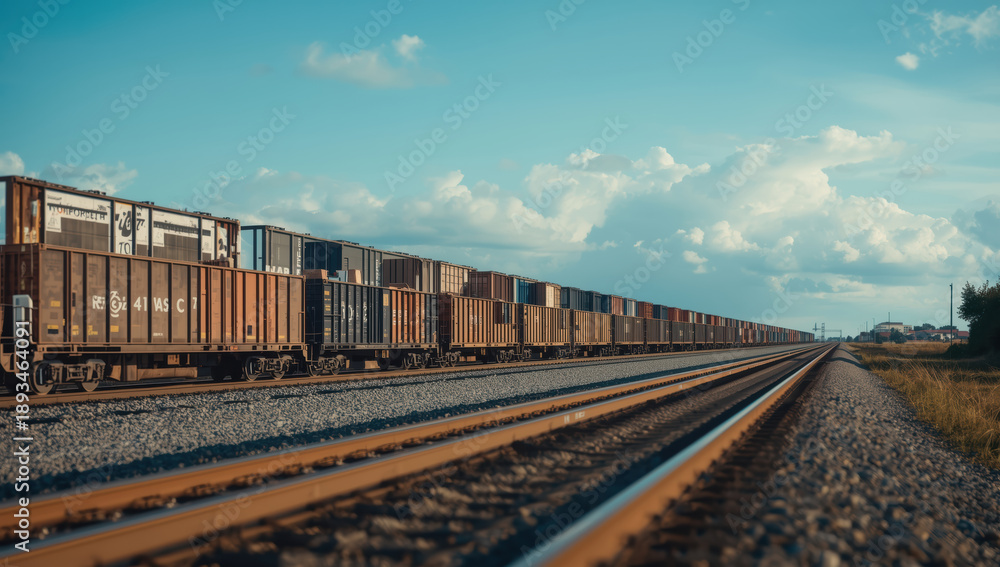Fototapeta premium Long freight train on railway tracks under dramatic cloud sky conveying motion and solitude