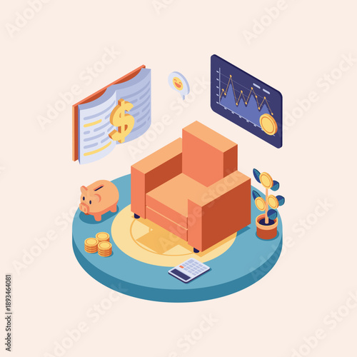 Isometric financial planning and investment concept with piggy bank, coins, charts, and comfortable armchair, illustrating personal finance management and wealth building