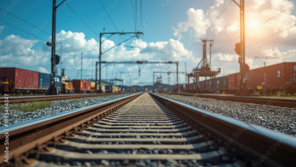 Obraz premium Railway track leading to distant freight yard under sunny sky with clouds and industrial cranes
