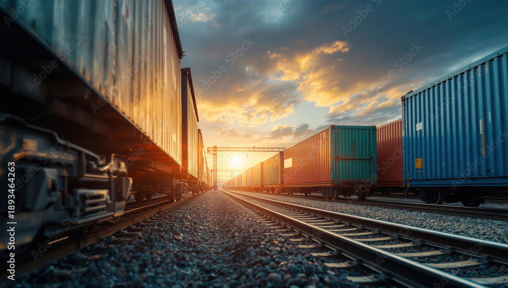 Fototapeta premium Container freight train at sunset with dramatic sky and glowing light