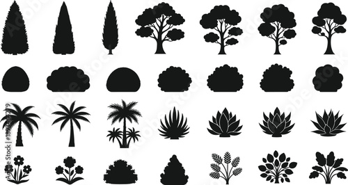 Tree and plant silhouette icon set, forest bushes palms flowers foliage collection, nature landscape elements, black vector illustration pack, design