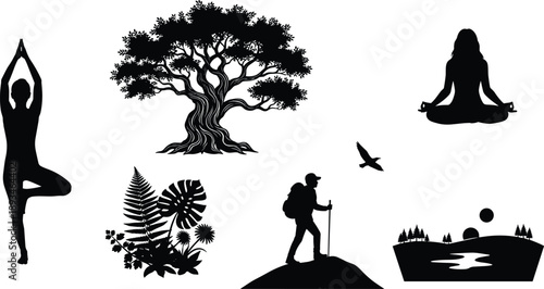 Yoga, meditation, tree, plants, hiking, bird, landscape, nature, wellness, silhouette icons, mindfulness, outdoor, calm, peaceful, spiritual, environment, harmony, health, tranquility, natural beauty
