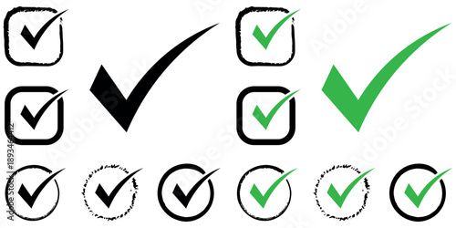 Collection of various checkmark tick icons in black and green colors with different grunge and clean styles