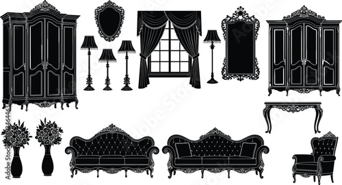 Vintage furniture silhouette collection, classic interior decor elements including sofas mirrors wardrobes lamps, antique baroque style black vector illustration