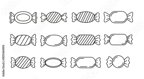 Black and white illustration of various wrapped candies, showing different shapes and designs.