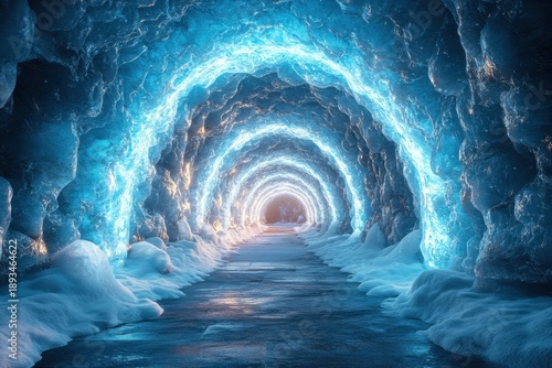 Ice tunnel leading through a cave.
