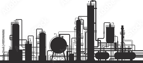 Petrochemical plant silhouette, chemical refinery, industrial piping, energy infrastructure, processing unit, flat vector