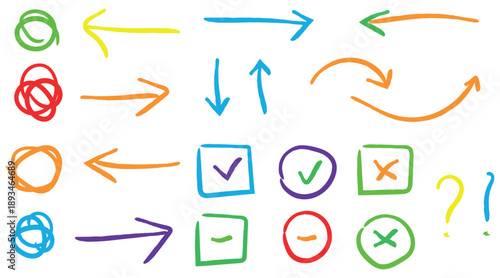 Colorful handdrawn doodle collection of various arrows symbols checkmarks and question marks on transparent background