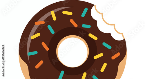 A delicious chocolate donut with colorful sprinkles and a missing bite, isolated on white.