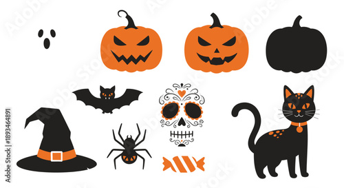 A collection of classic Halloween symbols including jack-o'-lanterns, a witch's hat, a black cat, a ghost, a bat, a spider, a sugar skull, and candy.