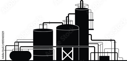 Chemical refinery silhouette, distillation columns, tanks, piping system, industrial processing plant, flat vector