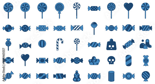 A diverse collection of blue flat design candy and sweet icons, including lollipops, wrapped chocolates, and bonbons, on a white background.