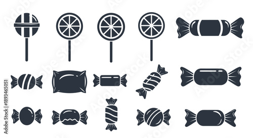 A collection of black and white vector icons depicting various types of candies and lollipops, including wrapped sweets and striped or citrus-slice lollipops.