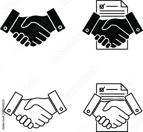 Business partnership handshake and signed agreement vector icon set for collaboration and successful deal completion