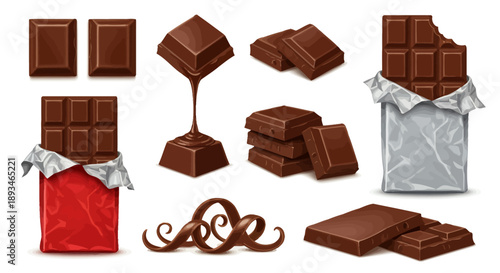 Various realistic chocolate forms including bars, squares, melted drips, and curls on a white background.
