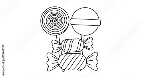 Simple black and white line art illustration of assorted candies including lollipops and wrapped sweets, perfect for coloring.