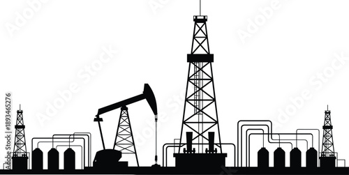 Oil drilling site silhouette, derricks, pumpjack, tanks, piping system, industrial energy facility, flat vector