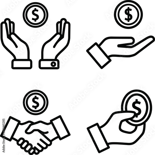 Set of hand icons with money coins, representing financial transactions and business dealings