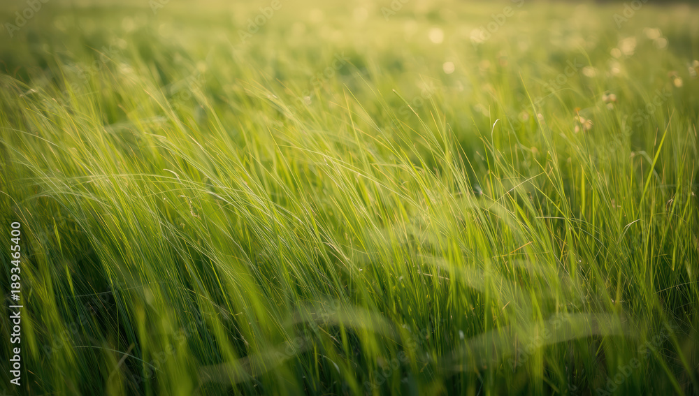 Obraz premium Lush green meadow with tall grass swaying in soft sunlight