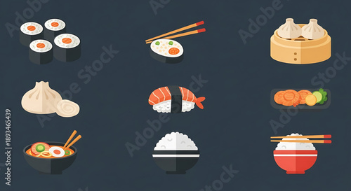 Asian Food Flat Design Vector Icons Collection. Includes Sushi, Ramen, Dumplings, and Rice Dishes for Menus, Apps, and Digital Platforms, Showcasing a Culinary Variety